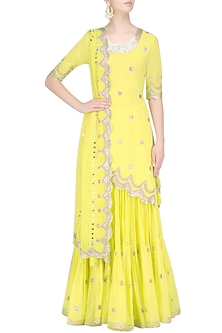 Lemon and Gold Gota Patti Work Kurta and Frilled Skirt Set by Sukriti & Aakriti
