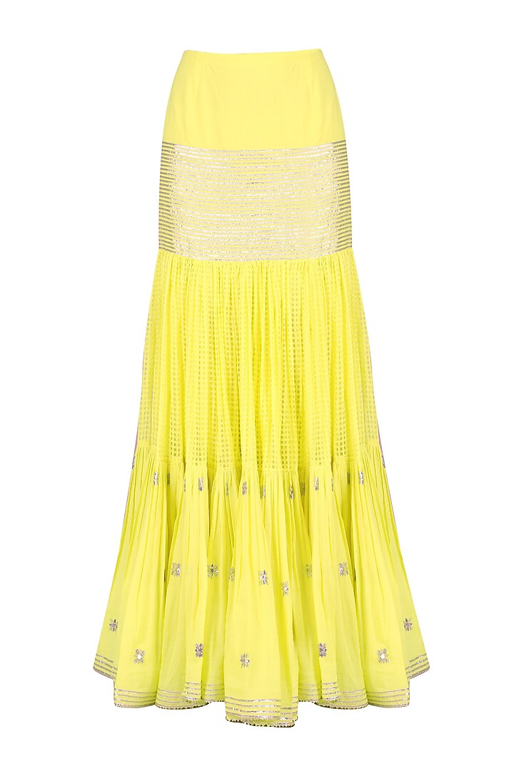 Lemon and gold gota patti work kurta and frilled skirt set available only at Pernia's Pop Up Shop.
