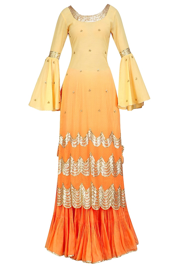 Ombre Orange and Gold Gota Patti Work Kurta and Frilled Skirt Set by Sukriti & Aakriti