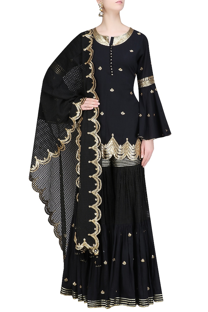 Black gota patti work kurta and sharara set available only at Pernia's Pop Up Shop.