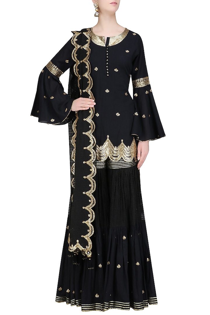 Black gota patti work kurta and sharara set available only at Pernia's Pop Up Shop.
