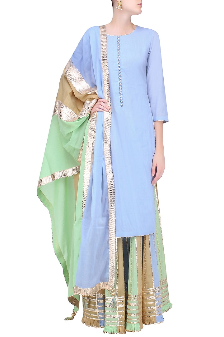 Powder blue gota patti work kurta and sharara pants set available only at Pernia's Pop Up Shop.