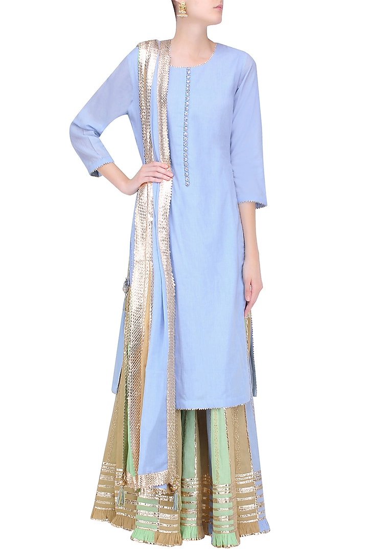 Powder blue gota patti work kurta and sharara pants set available only at Pernia's Pop Up Shop.