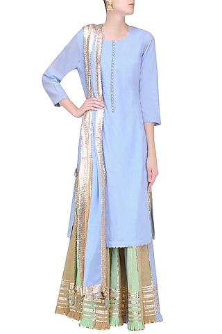 Powder Blue Gota Patti Work Kurta and Sharara Pants Set by Sukriti & Aakriti