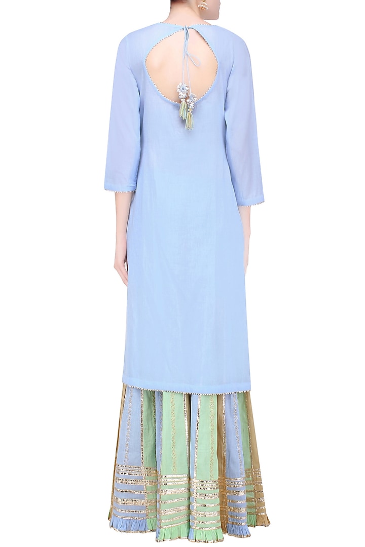 Powder blue gota patti work kurta and sharara pants set available only at Pernia's Pop Up Shop.