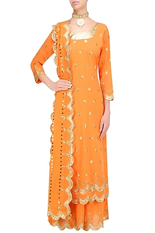 Orange Gota Patti Work Pakistani Kurta and Sharara Pants Set by Sukriti & Aakriti