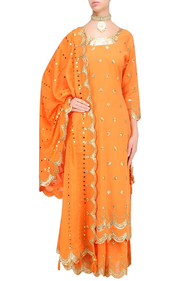 Orange gota patti work pakistani kurta and sharara pants set available only at Pernia's Pop Up Shop.