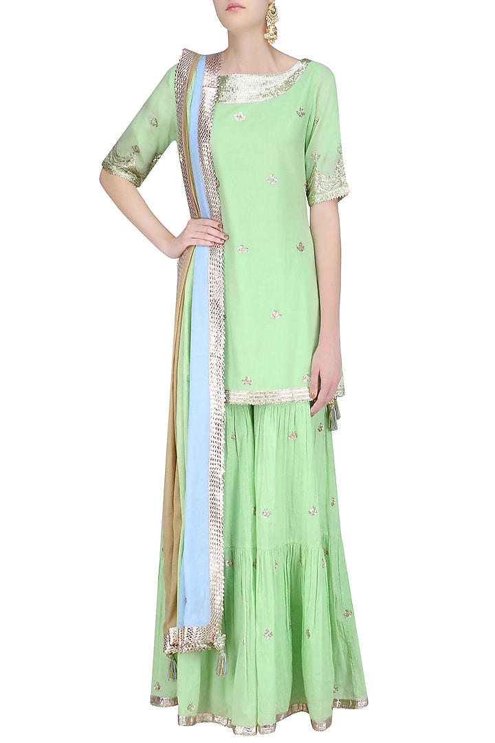 Green gota patti work kurta and sharara pants set available only at Pernia's Pop Up Shop.