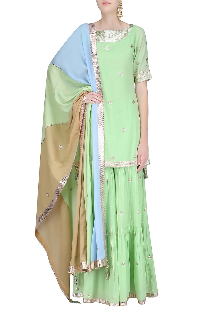 Green gota patti work kurta and sharara pants set available only at Pernia's Pop Up Shop.