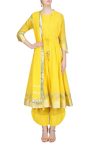 Yellow Gota Patti Work Jacket Kurta, Inner and Pants Set by Sukriti & Aakriti