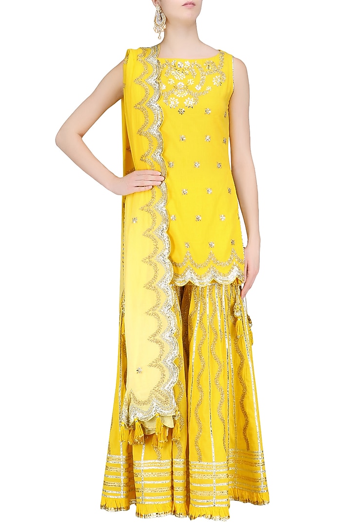 Yellow gota patti work kurta and sharara pants set available only at Pernia's Pop Up Shop.