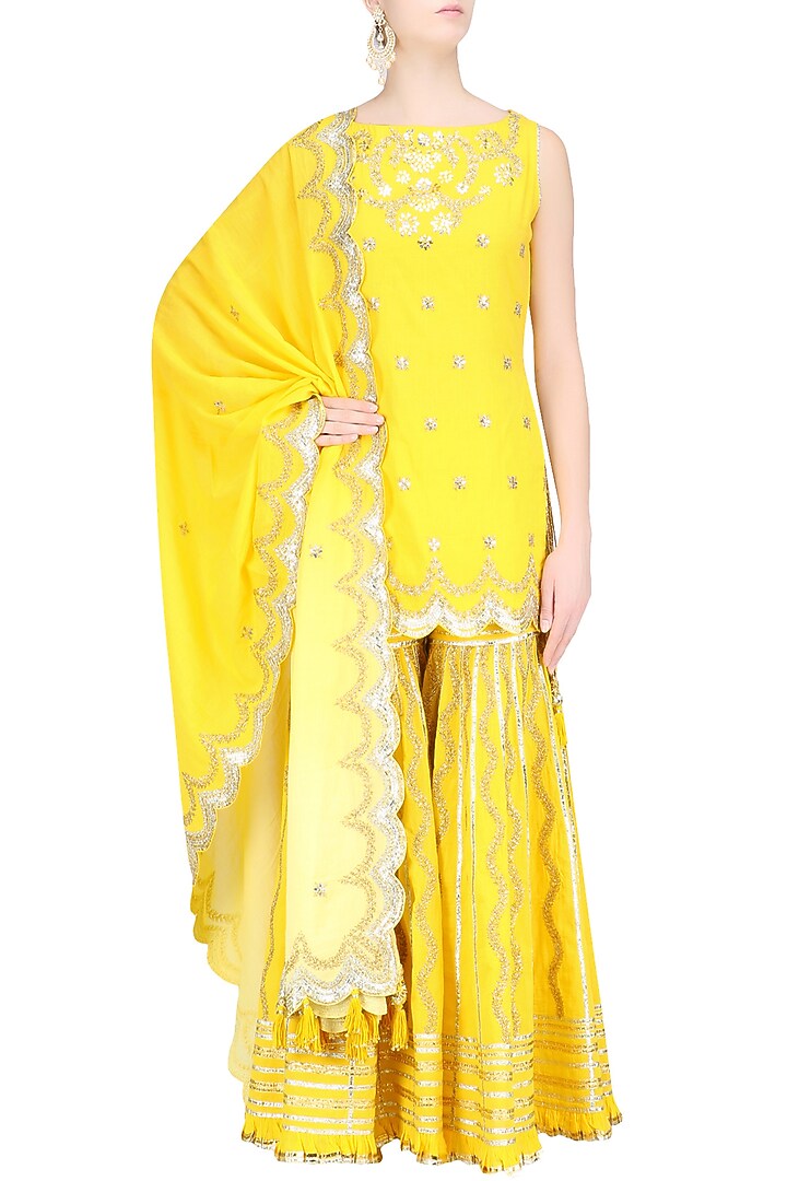 Yellow gota patti work kurta and sharara pants set available only at Pernia's Pop Up Shop.