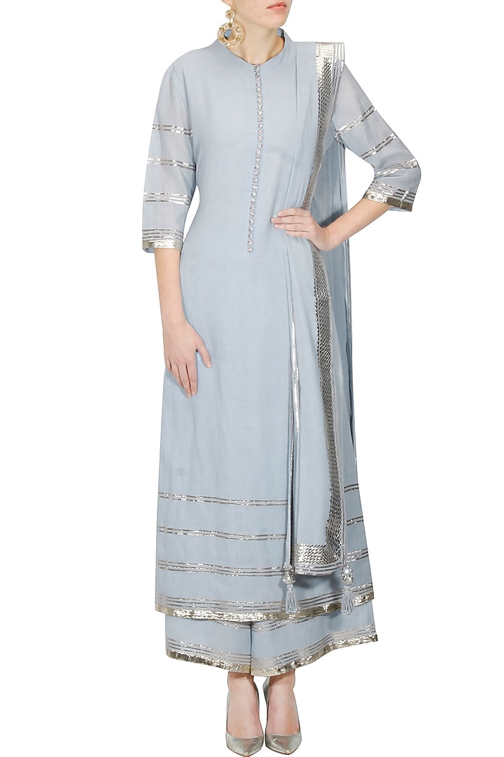 Serenity blue and rose gold gota patti work pakistani kurta and pyajama set available only at Pernia's Pop Up Shop.