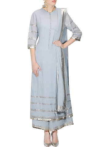 Serenity blue and silver gota patti work pakistani kurta and pyjama set by Sukriti & Aakriti