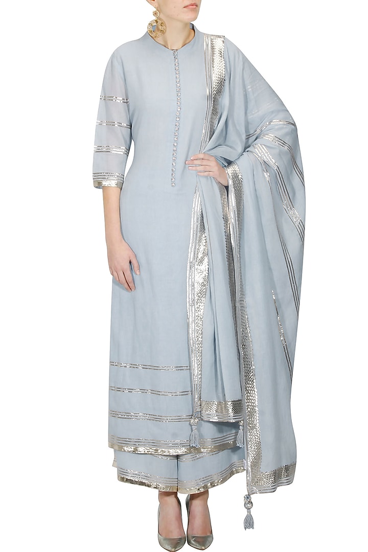 Serenity blue and rose gold gota patti work pakistani kurta and pyajama set available only at Pernia's Pop Up Shop.