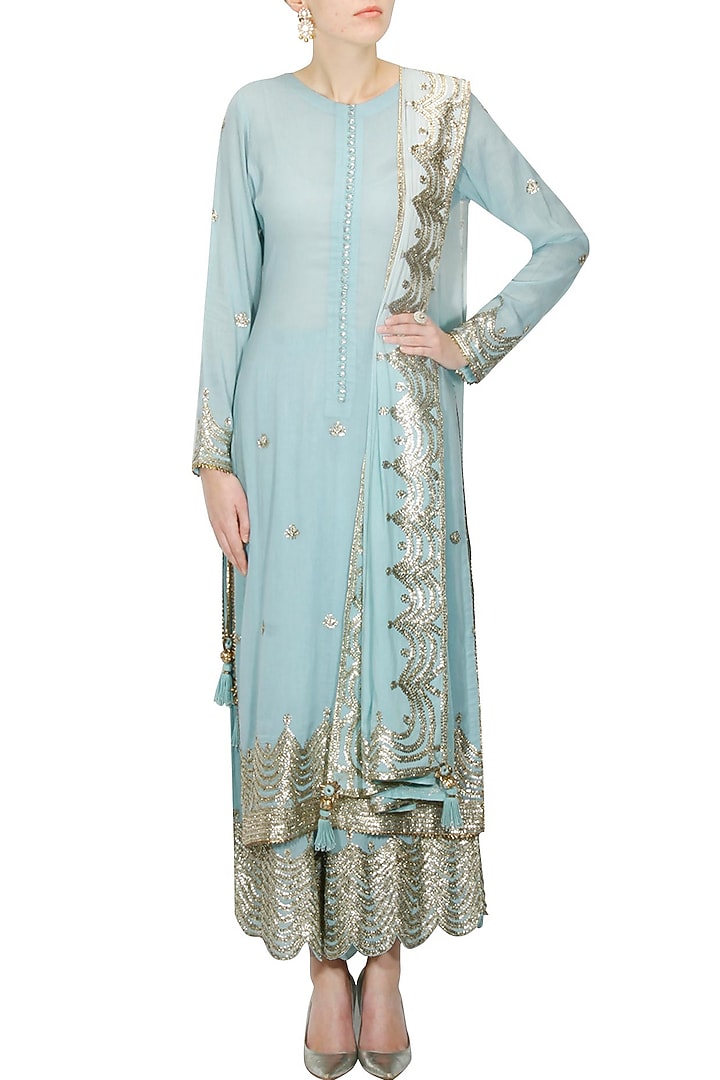 Light blue and gold gota patti work pakistani kurta and sharara set available only at Pernia's Pop Up Shop.