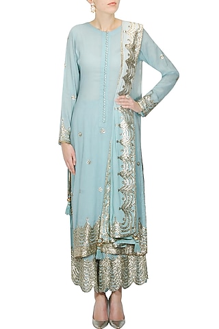 Light blue and gold gota patti work pakistani kurta and sharara set by Sukriti & Aakriti