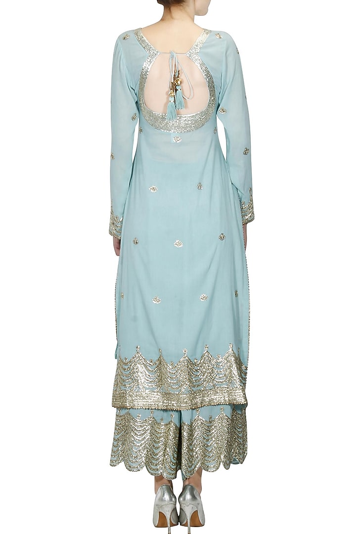 Light blue and gold gota patti work pakistani kurta and sharara set available only at Pernia's Pop Up Shop.