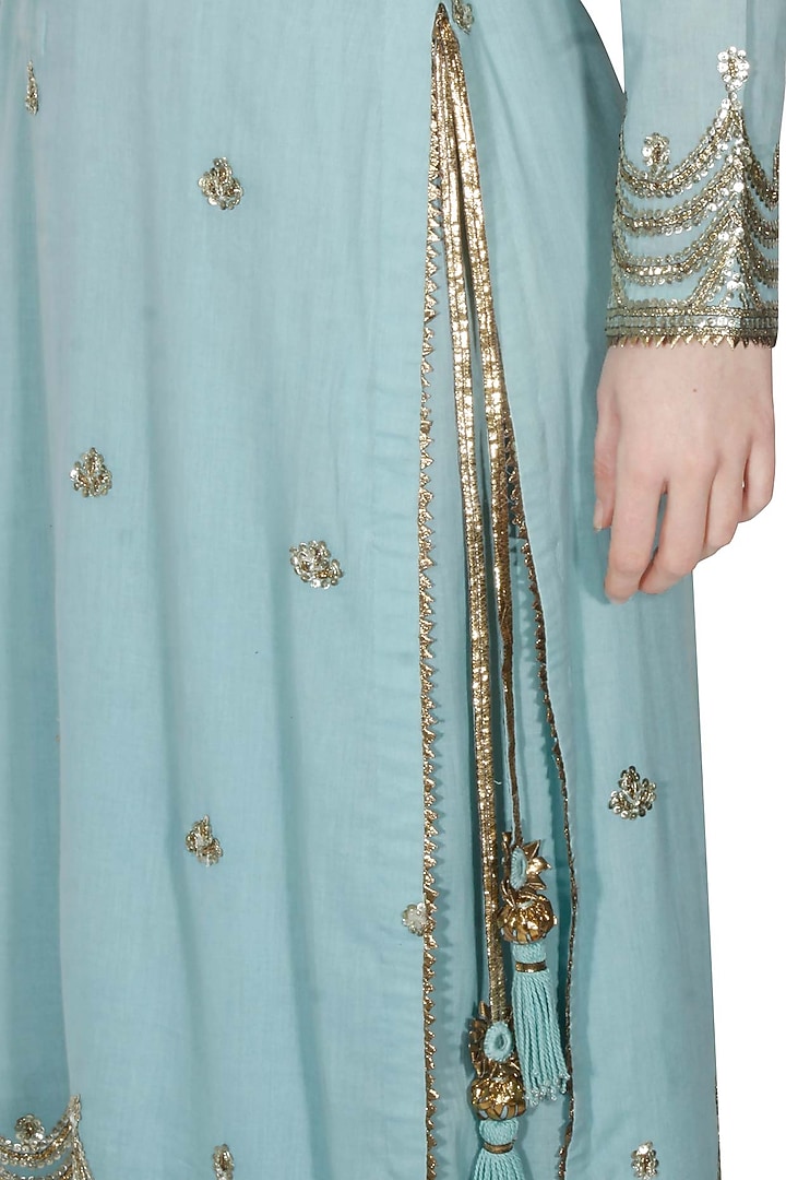 Light blue and gold gota patti work pakistani kurta and sharara set available only at Pernia's Pop Up Shop.