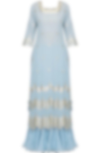 Limpet blue and gold gota patti work kurta and frilled skirt set available only at Pernia's Pop Up Shop.