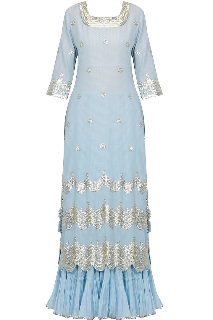 Limpet blue and gold gota patti work kurta and frilled skirt set available only at Pernia's Pop Up Shop.