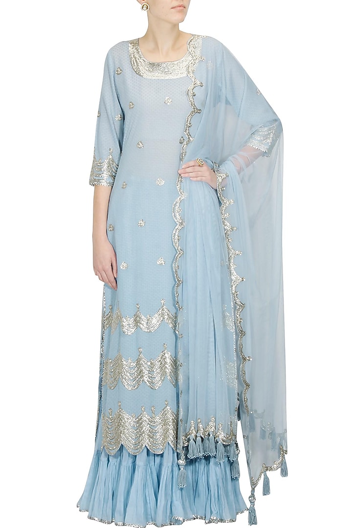 Limpet blue and gold gota patti work kurta and frilled skirt set available only at Pernia's Pop Up Shop.