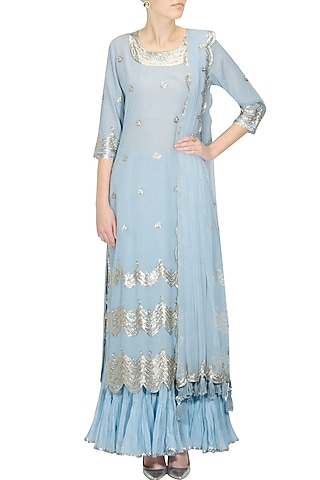 Limpet blue and gold gota patti work kurta and frilled skirt set by Sukriti & Aakriti