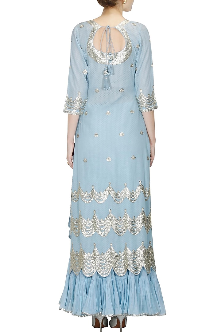 Limpet blue and gold gota patti work kurta and frilled skirt set available only at Pernia's Pop Up Shop.