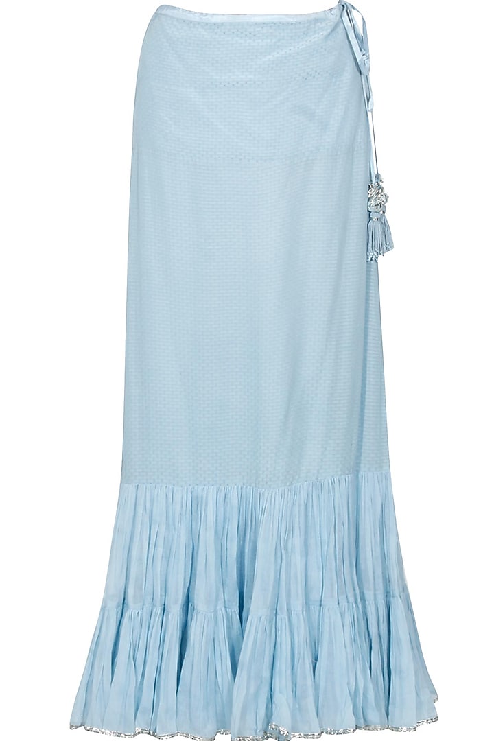 Limpet blue and gold gota patti work kurta and frilled skirt set available only at Pernia's Pop Up Shop.