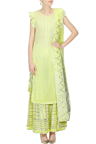 Lemon yellow and silver gota patti work kurta and sharara set by Sukriti & Aakriti