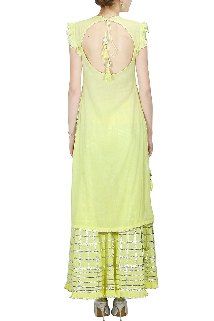 Lemon yellow and silver gota patti work kurta and sharara set available only at Pernia's Pop Up Shop.