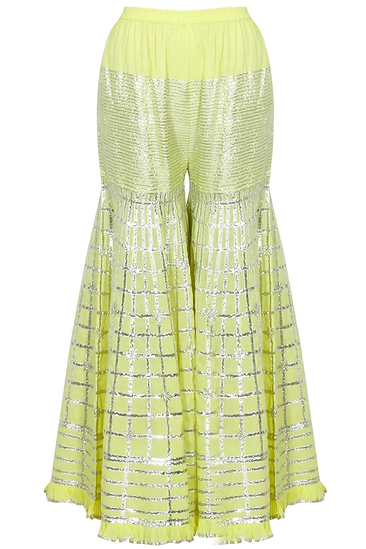 Lemon yellow and silver gota patti work kurta and sharara set available only at Pernia's Pop Up Shop.