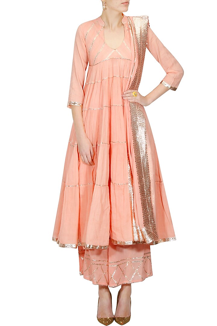 Peach gota patti work flared anarkali and pyjama set available only at Pernia's Pop Up Shop.