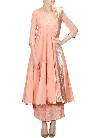 Peach gota patti work flared anarkali and pyjama set by Sukriti & Aakriti