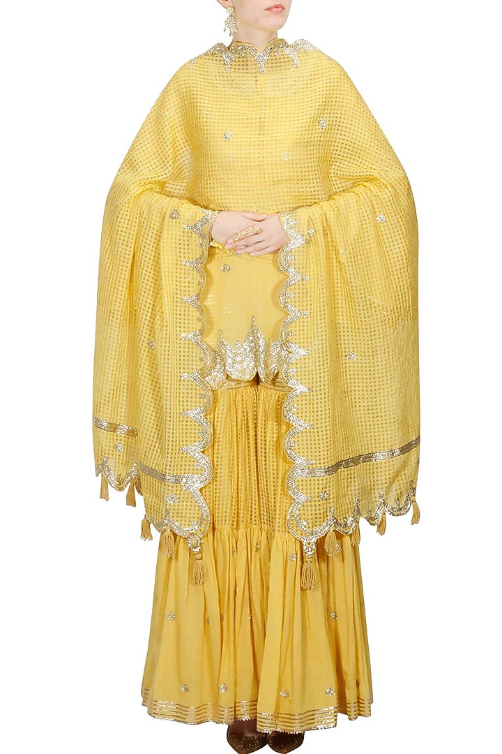 Mustard yellow and gold gota patti work kurta and sharara set available only at Pernia's Pop Up Shop.