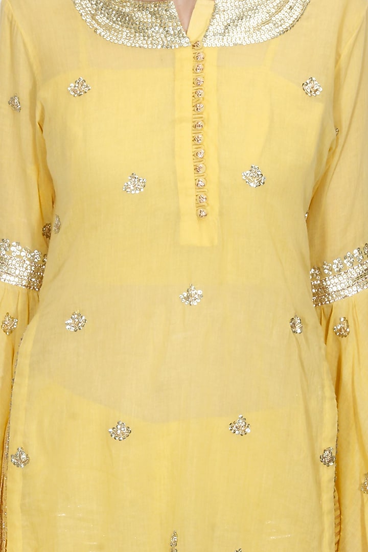 Mustard yellow and gold gota patti work kurta and sharara set available only at Pernia's Pop Up Shop.