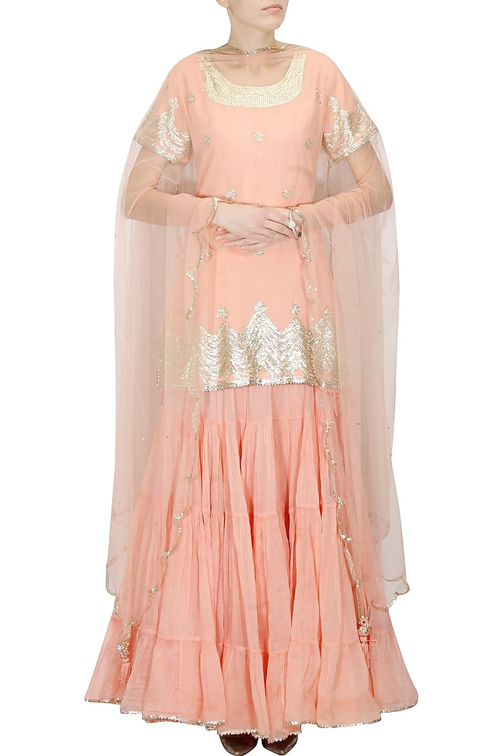 Peach and gold gota patti work kurta and frilled skirt set available only at Pernia's Pop Up Shop.