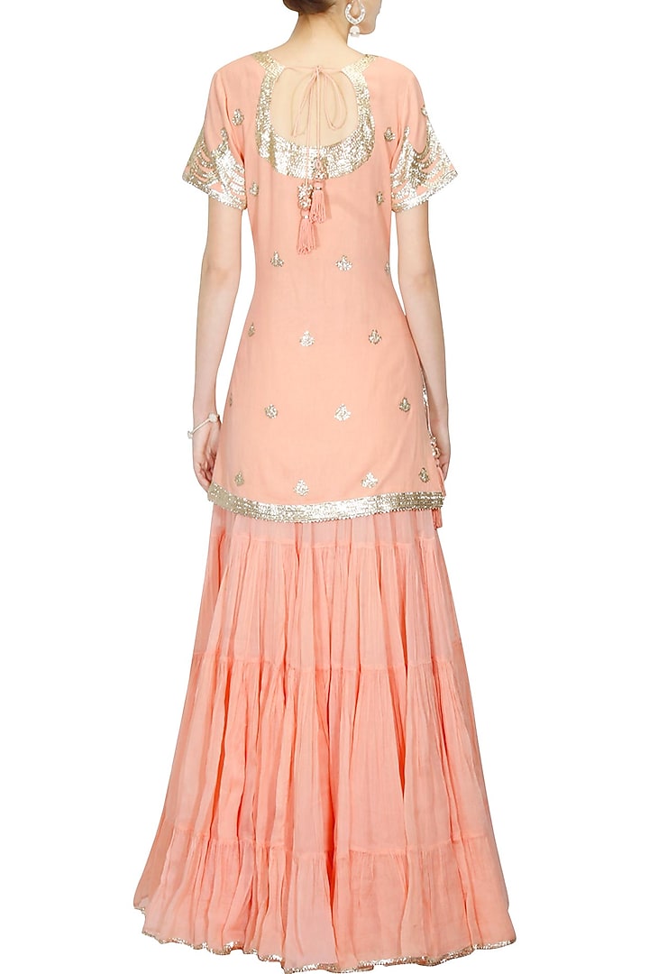 Peach and gold gota patti work kurta and frilled skirt set available only at Pernia's Pop Up Shop.