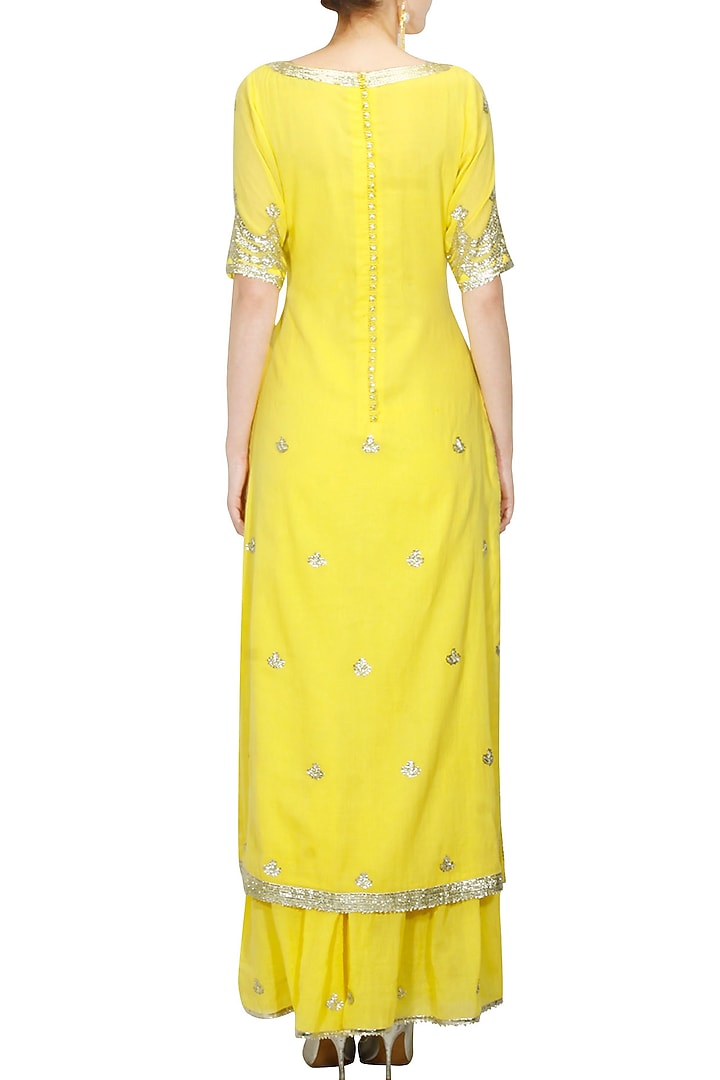 Bright yellow and gold gota patti work kurta and sharara set available only at Pernia's Pop Up Shop.