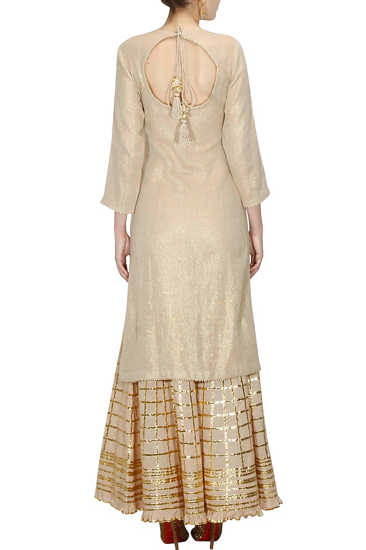 Bright yellow and gold gota patti work kurta and checkered sharara set available only at Pernia's Pop Up Shop.