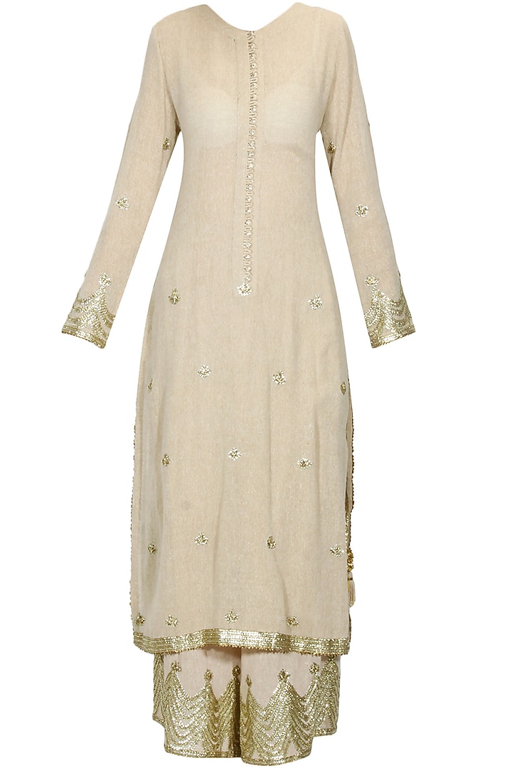 Beige sequins and gota patti work kurta and pyjama pants set available only at Pernia's Pop Up Shop.