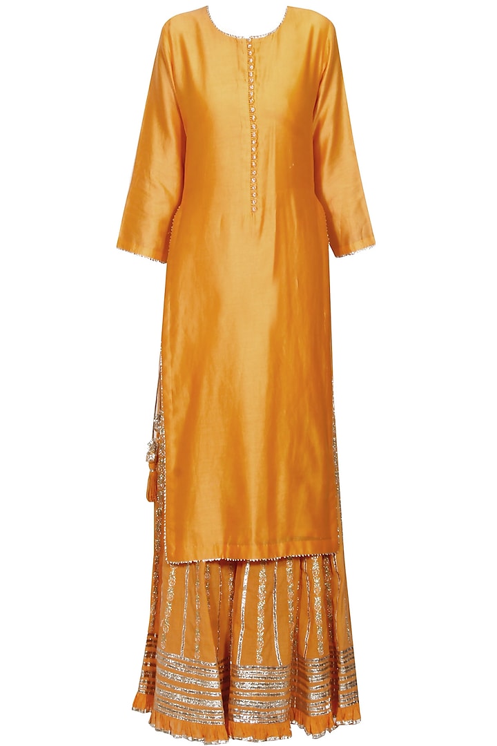 Orange and silver gota patti embroidered kurta and sharara pants set available only at Pernia's Pop Up Shop.