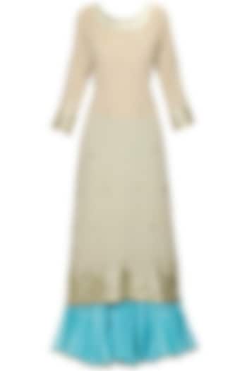 Beige gota patti work kurta and turquoise blue crushed skirt set available only at Pernia's Pop Up Shop.