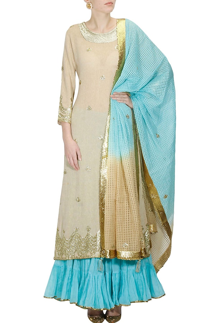 Beige gota patti work kurta and turquoise blue crushed skirt set available only at Pernia's Pop Up Shop.