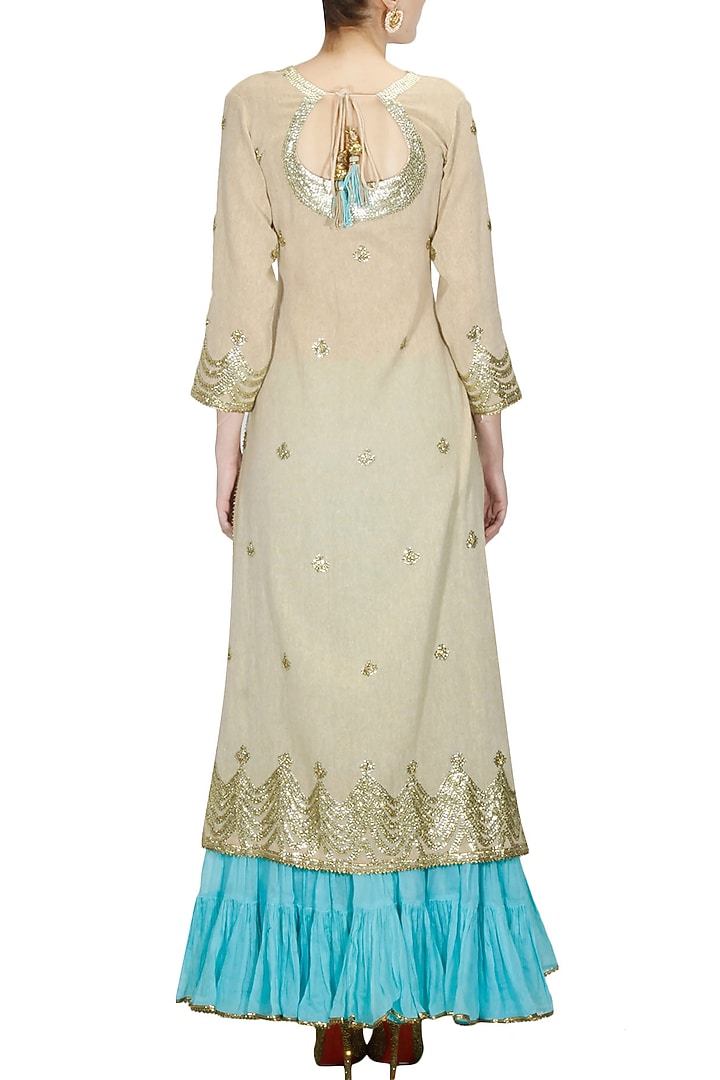 Beige gota patti work kurta and turquoise blue crushed skirt set available only at Pernia's Pop Up Shop.