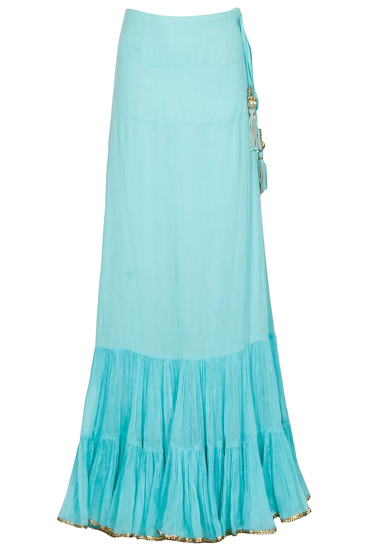 Beige gota patti work kurta and turquoise blue crushed skirt set available only at Pernia's Pop Up Shop.