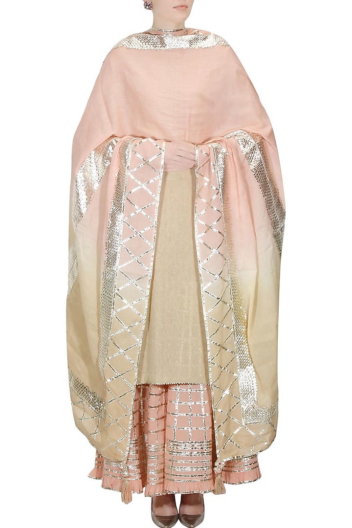 Beige gota patti work kurta and peach sharara pants set available only at Pernia's Pop Up Shop.