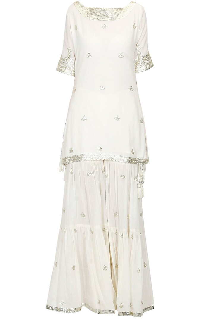 White sequins and gota patti work kurta and sharara set available only at Pernia's Pop Up Shop.