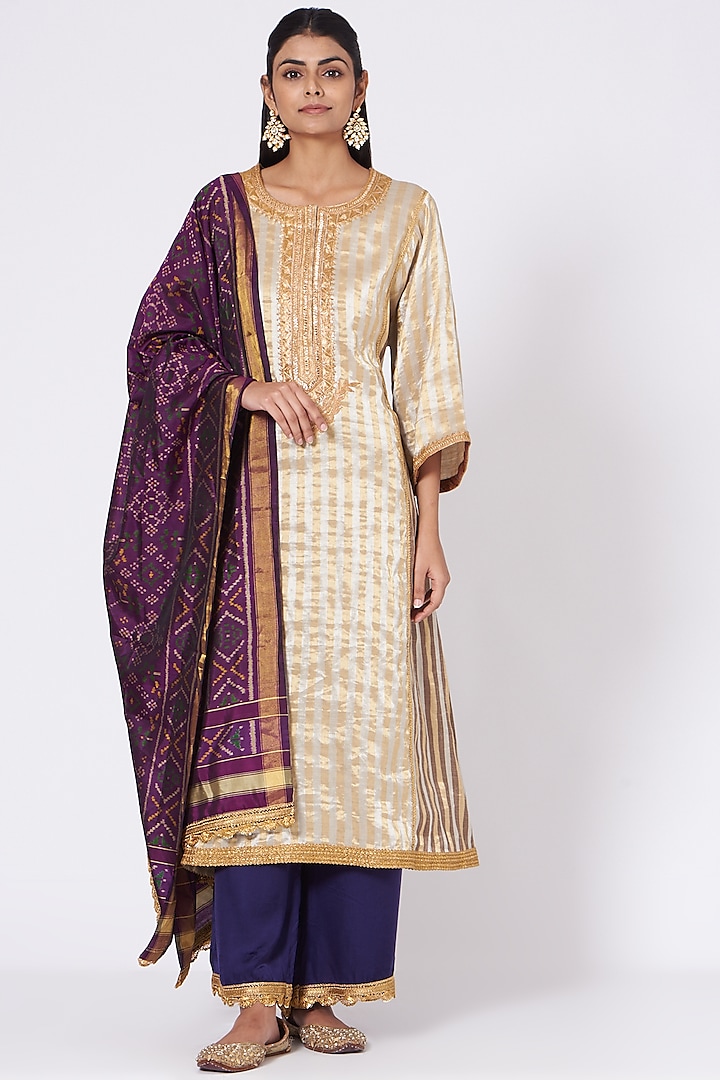 Beige Marodi Embroidered Kurta Set by Sangeeta Kilachand at Pernia's Pop Up Shop