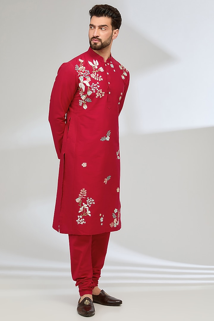 Red Katan Silk Laser-Cut Embroidered Kurta Set by Sahil Kochhar Men at Pernia's Pop Up Shop